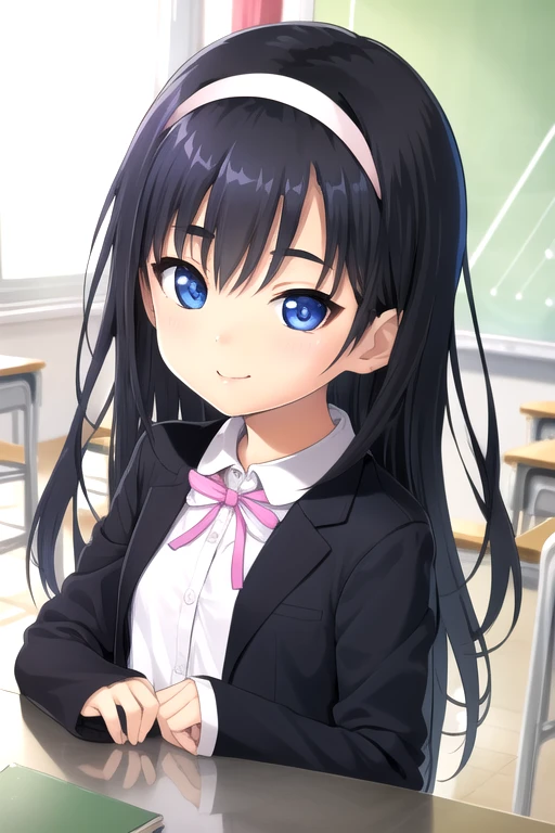 ((masterpiece)),(best quality),official art,extremely detailed CG,unity 8k wallpaper,ultra detailed,beautiful detailed eyes,extremely detailed face,classroom,1girl,solo,upper body,(portrait:1.5),looking at viewer,facing viewer,smile,(petite:1.3),Inagaki Sae,long hair,black hair,white hairband,sidelocks,bangs,blue eyes,school uniform,blazer,black jacket,pink ribbon,white shirt,collared shirt,sleeves past wrists,long sleeves,small breasts,black dress,pleated skirt,black socks,loafers,<lora:Inagaki Sae(sk)>,