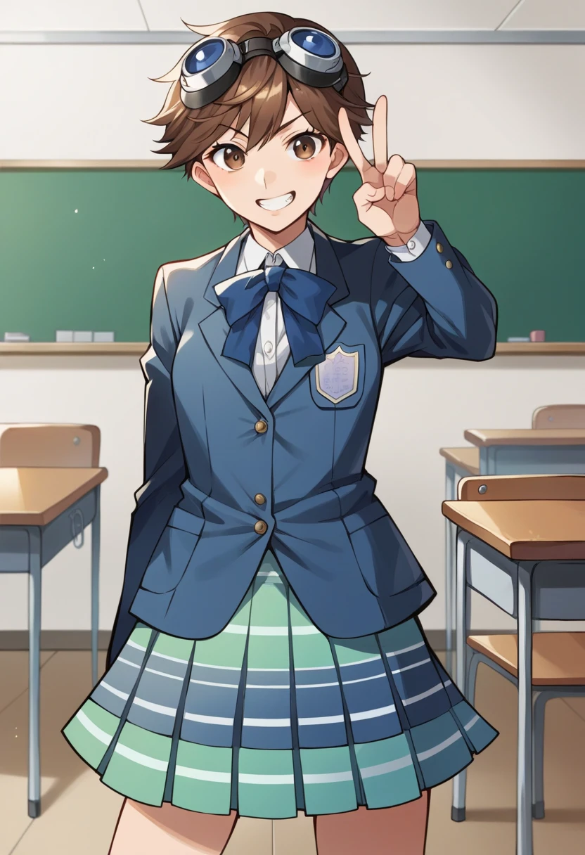 score_9, score_8_up, score_7_up, source_anime BREAK 1girl, solo, <lora:zs_TamakiXL:1> tamakismtif, brown hair, short hair, blazer, skirt, socks, goggles on head, grin, v, classroom