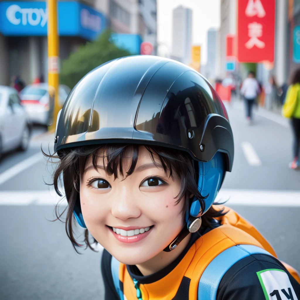 score_9, score_8_up,  score_7_up,  <lora:NaoToyama:0.8> naotoyama riding bike in city, close-up, bike helmet, smile, messy hair,