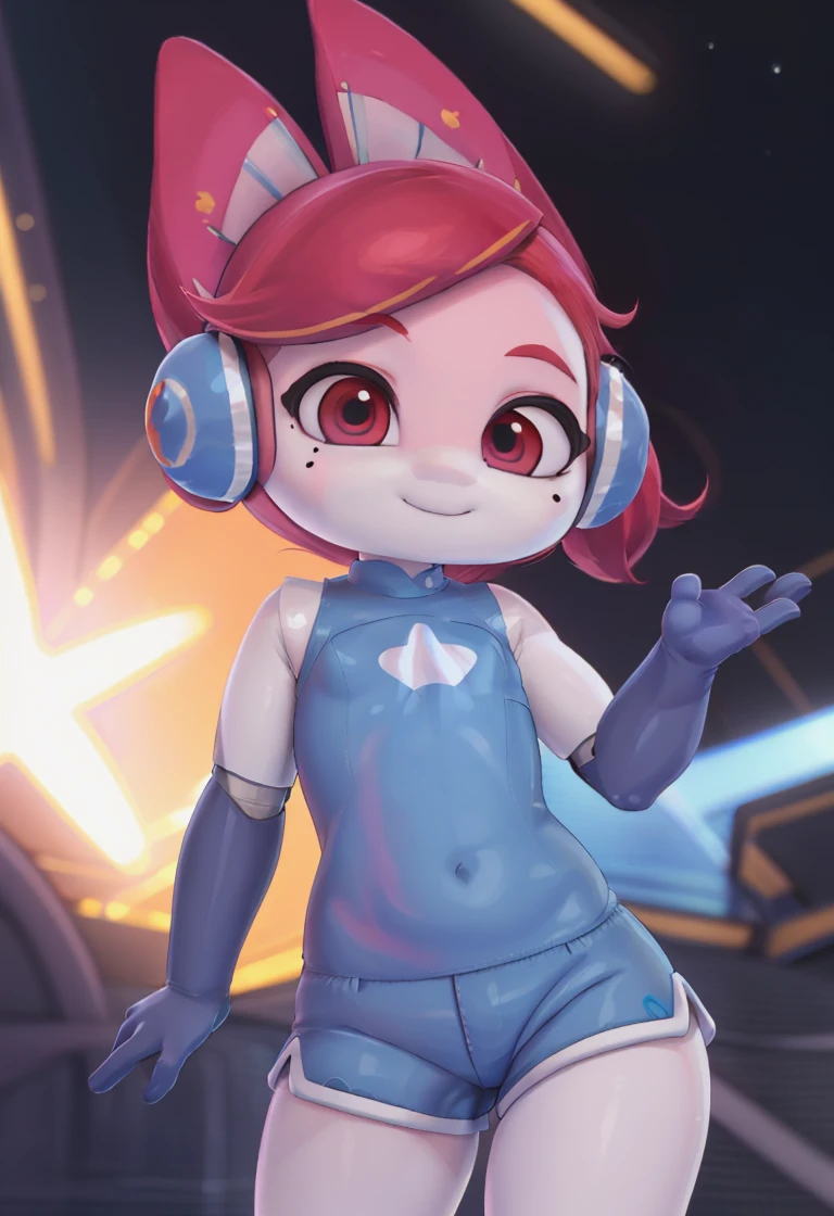 <lora:ai_one:0.9>ai_one , 1 girl  , red hair , animal ears  ,smile  , star (symbol) , red eyes , headphones  ponytail ,blue  body suit  ,  sleeveless ,blue shorts ,   white legs ,  mole under eye ,closed mouth