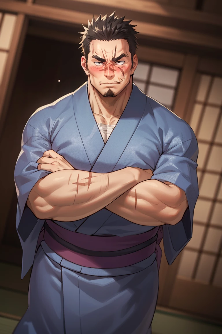 solo male, GÅzaburÅ Seto, My Bride is a Mermaid, Japanese, short hair, black hair,  black eyes, facial hair, thick eyebrows, scar on face, scar on nose, scar across eye, sideburns, yukata, japanese sandals, mature, handsome, charming, alluring, blush, drunk, standing, arm crossed, upper body, perfect anatomy, perfect proportions, best quality, masterpiece, high_resolution, dutch angle, cowboy shot, photo background<lora:EMS-325212-EMS:0.800000>, <lora:EMS-498-EMS:0.600000>