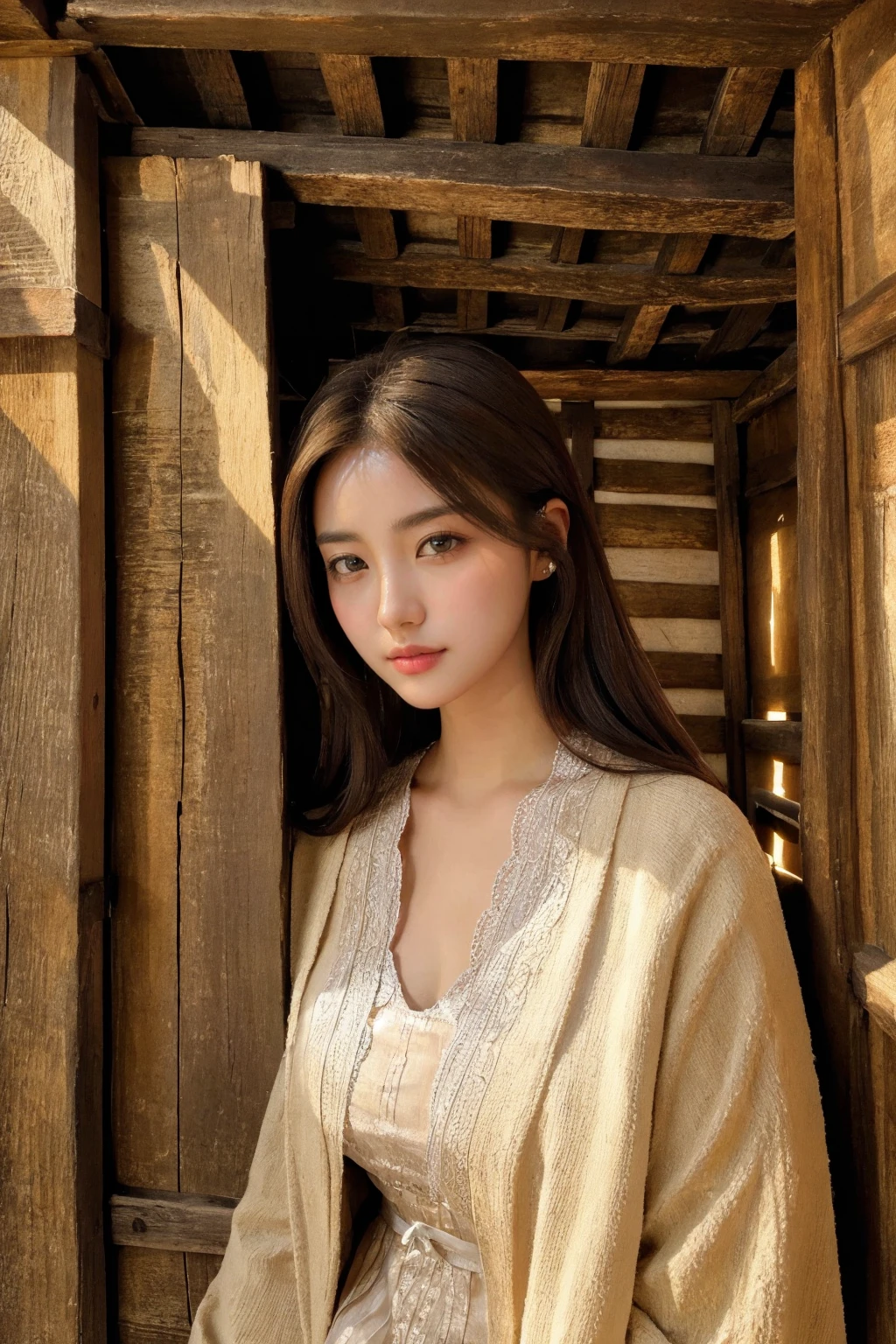 1girl,closeup,long hair,intricately detailed,sharp focus,rich shadows,HDR,rembrandt lighting,soft shadows, diffused light,medieval village,wooden buildings,inn,detailed background,vast,ultra highres,intricate texture,Balanced depth of field,<lora:Seohyun1:0.7> Seohyun1