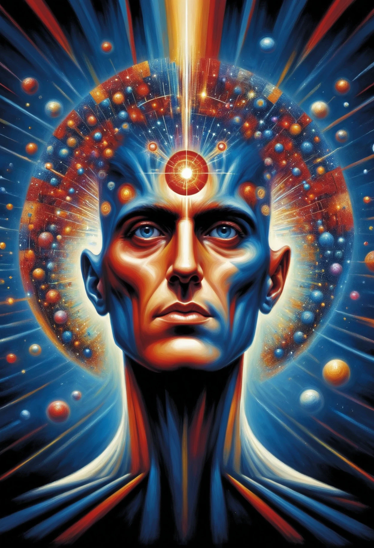 human anatomy, Different parts of the body are scattered., 3D cubic distribution of the body, Lumps and spheres burst from the face., surreal cgi masterpiece, bright colors, Light around the wheel rim, mechanical dispersion, decay of the biosphere, Highly detailed, floating parts, Detailed cosmic background, fractal art, seeing galaxy light, 16K, Star concept art, sharp line