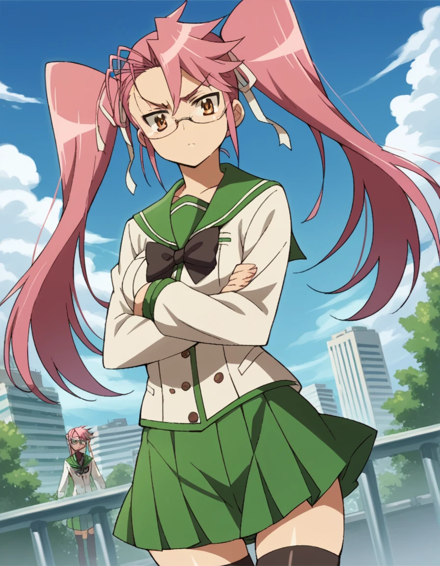 score_9, score_8_up, score_7_up, source_anime,
sayatakagi, <lora:saya-takagi-ponyxl-lora-nochekaiser:1>,
saya takagi, long hair, ribbon, twintails, brown eyes, hair ribbon, pink hair, glasses,
skirt, thighhighs, school uniform, serafuku, zettai ryouiki, green skirt, bowtie, long sleeves, black thighhighs, black bowtie,
outdoors, cityscape, zombies, crossed arms,
looking at viewer, cowboy shot, dutch angle,