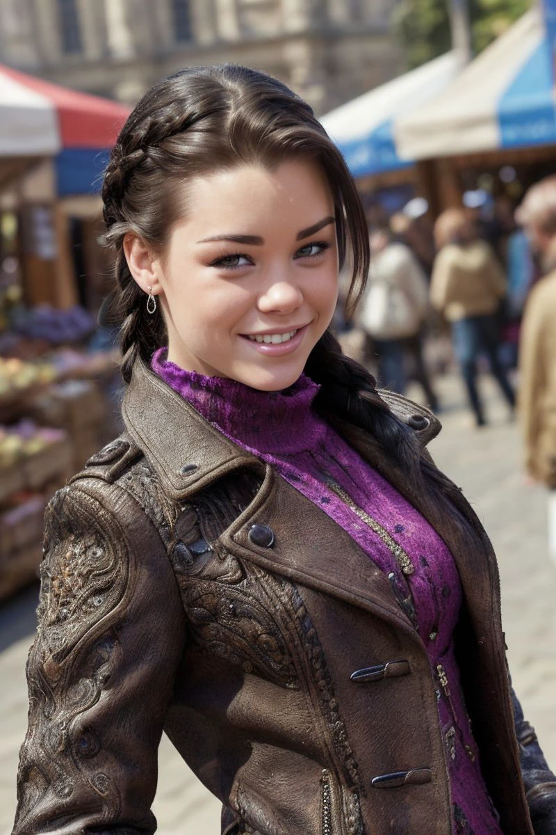 photo of S354_TannerMayes,a stylish woman,in an (ancient-marketplace:1.1),wearing a (coat:1.1),(braid),(4k, RAW photo, best quality, depth of field, ultra high res:1.1),(absurdres, intricate, photorealistic, masterpiece, ultra-detailed:1.1),