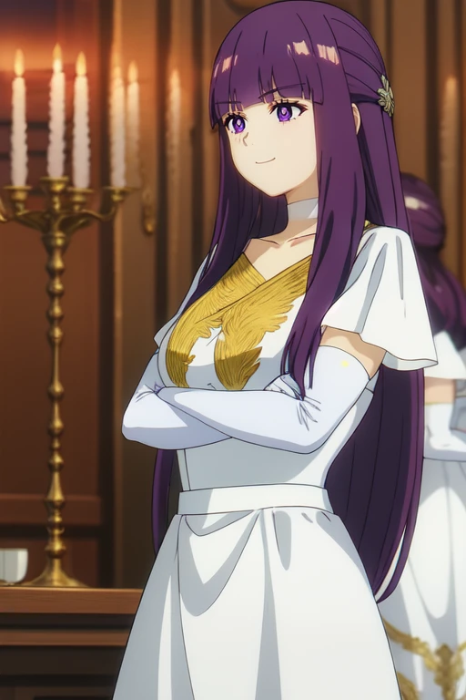 <lora:fern-13:1>, fern, 1girl, purple eyes, purple hair, gloves, elbow gloves, white gloves, dress, white dress, multiple boys, cup, blurry, long hair, sidelocks, indoors, short sleeves, multiple girls, collarbone, closed mouth, blunt bangs, blurry background, smile, table, drinking glass, 1girl, solo focus, holding cup, holding, champagne flute, crossed arms