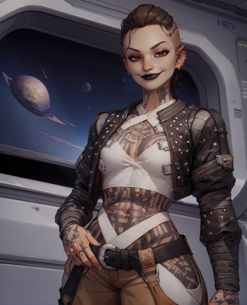 Jack,black lips, full-body tattoo ,short hair, ponytail, ear piercing, solo, smile, upper body, brown eyes, open leather jacket, white wrappings, cargo pants, hip cutouts, belt, cyber prison, space station, (insanely detailed, beautiful detailed face, masterpiece, beautiful detailed eyes, best quality) <lora:Jack-10v5:0.8> standing, toned,