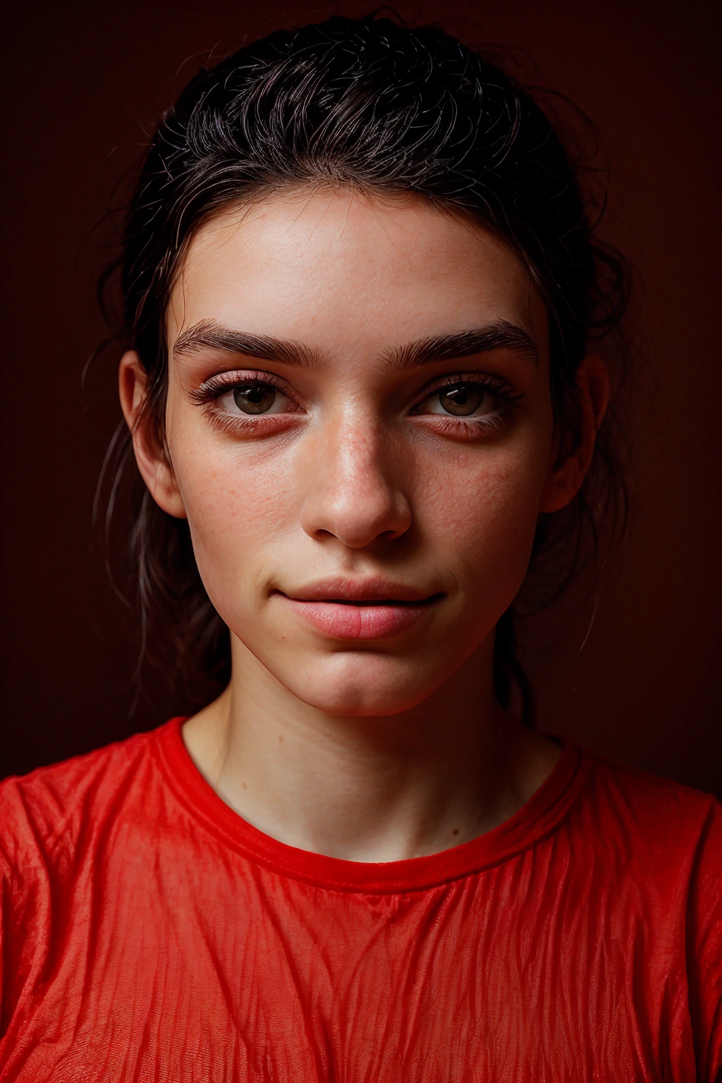 analog film photo ((light theme)), <lora:[US]_-_Mackenzie_Dern_NR:1> mt-mackenziedern, solo, (looking at viewer), smile, realistic lighting, (detailed skin), (detailed face), (disappointed), ((loose t-shirt and baggy jeans)), (simple dark red background:1.5), 
BREAK
masterpiece, best quality, ultra-detailed, ultra high res, (photorealistic:1.4), raw photo, (realistic:0.2), 8k HDR, 1girl, bokeh, f1.4, 40mm, photorealistic, raw, 8k, textured skin, skin pores, intricate details, 
BREAK
<lora:PAseer-SD15-LCM Quick:1>  <lora:mindPhoto:1> mt-helper  <lora:add_detail:0.8> <lora:DStyle_-_Photography_Style:.8> dstyle . faded film, desaturated, 35mm photo, grainy, vignette, vintage, Kodachrome, Lomography, stained, highly detailed, found footage