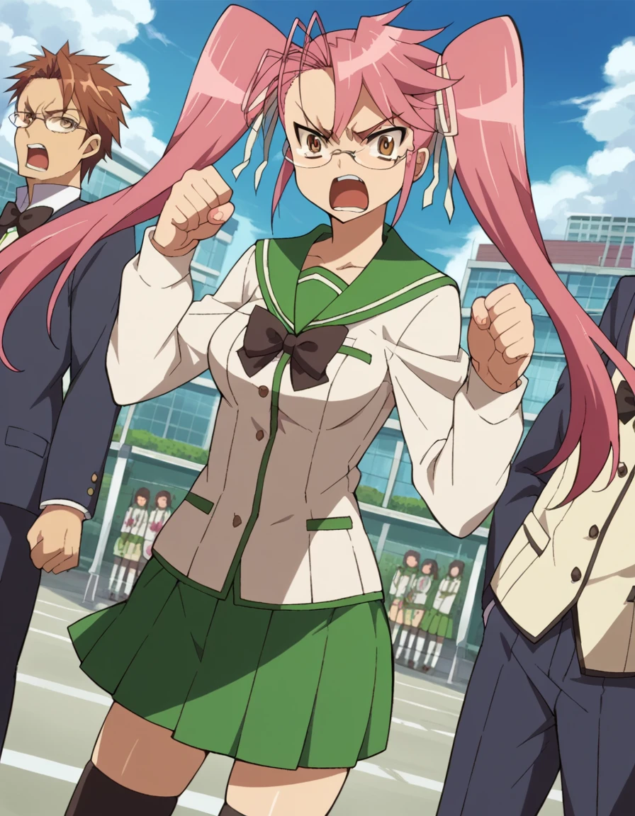 score_9, score_8_up, score_7_up, source_anime,
sayatakagi, <lora:saya-takagi-ponyxl-lora-nochekaiser:1>,
saya takagi, long hair, ribbon, twintails, brown eyes, hair ribbon, pink hair, glasses, angry, shouting,
skirt, thighhighs, school uniform, serafuku, zettai ryouiki, green skirt, bowtie, long sleeves, black thighhighs, black bowtie,
outdoors, cityscape, zombies, crowd, people,
looking at viewer, cowboy shot, dutch angle,
