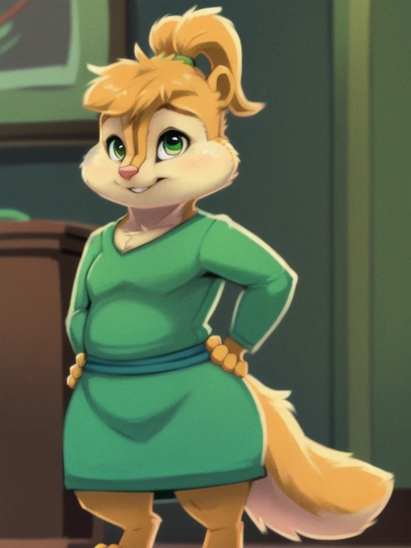 <lora:Eleanor:0.7>, solo, small body, dwarf, chubby, cub, Eleanor, chipmunk, girl, flat chest, orange body, orange head, orange arms, orange legs, orange tail, orange hair, beige belly, beige cheeks, beige eyelids, green eyes, pink nose, two braids on the head, green elastic bands on the braids, mouth closed, hands on hips, squints, a green dress, standing, detailed background, barndog, imgonnaloveyou, ssssnowy, q-blackbun, halbean, digitoxici