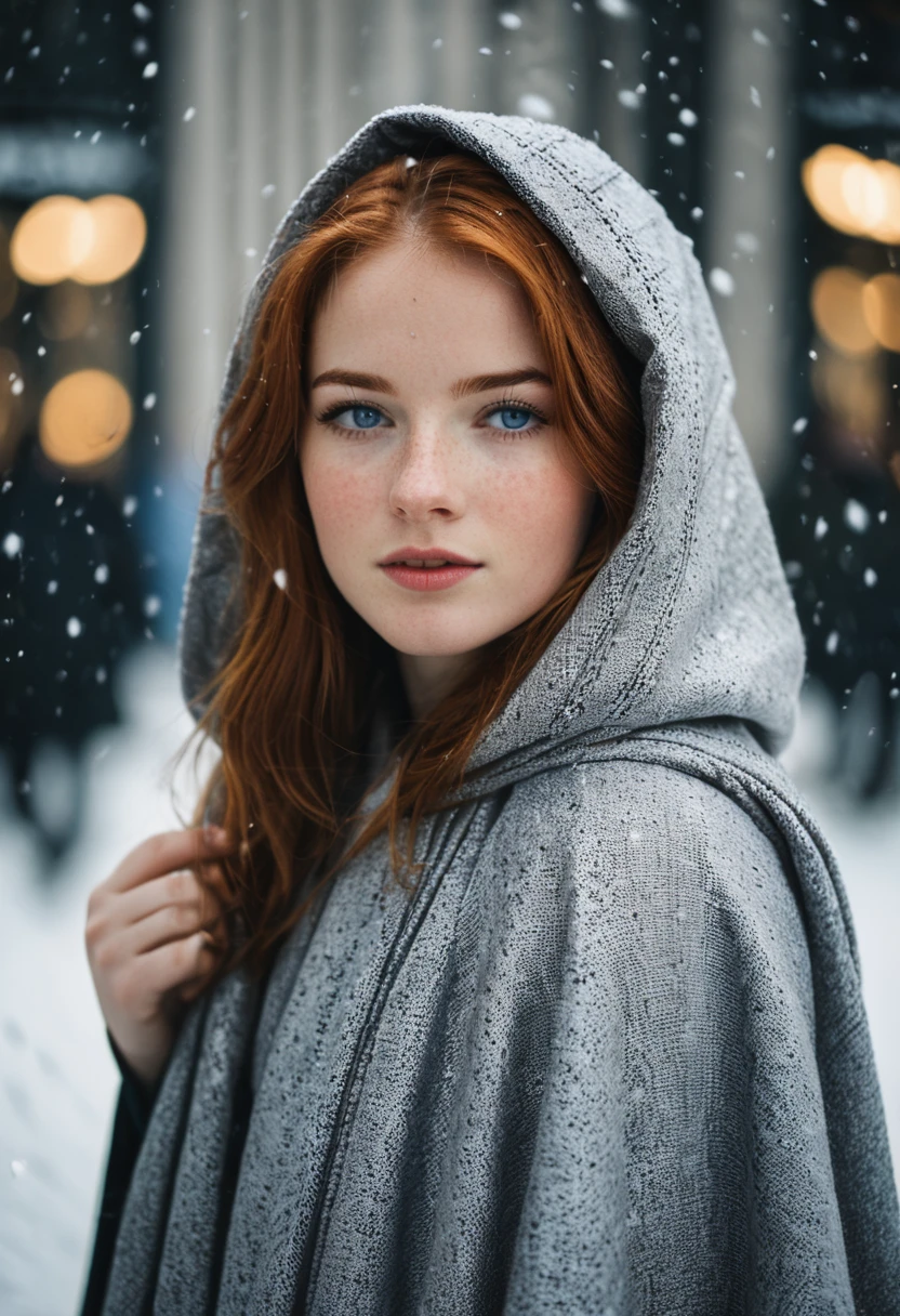 photograph of a cute adult girl, redhair, pale skin, freckles, blush, innocent, petite and youthful face, silver blue eyes, wearing a cloak, city christmas festival, snowfall, Porta 160 color, shot on ARRI ALEXA 65, bokeh, sharp focus on subject, shot by Don McCullin, nsfw, (natural skin texture, hyperrealism, soft light, sharp), (perfect round eyes:1.3), Capture the essence of her beauty, Enrich the composition with soft, diffused natural light that accentuates the textures and colors, creating a timeless and culturally rich image