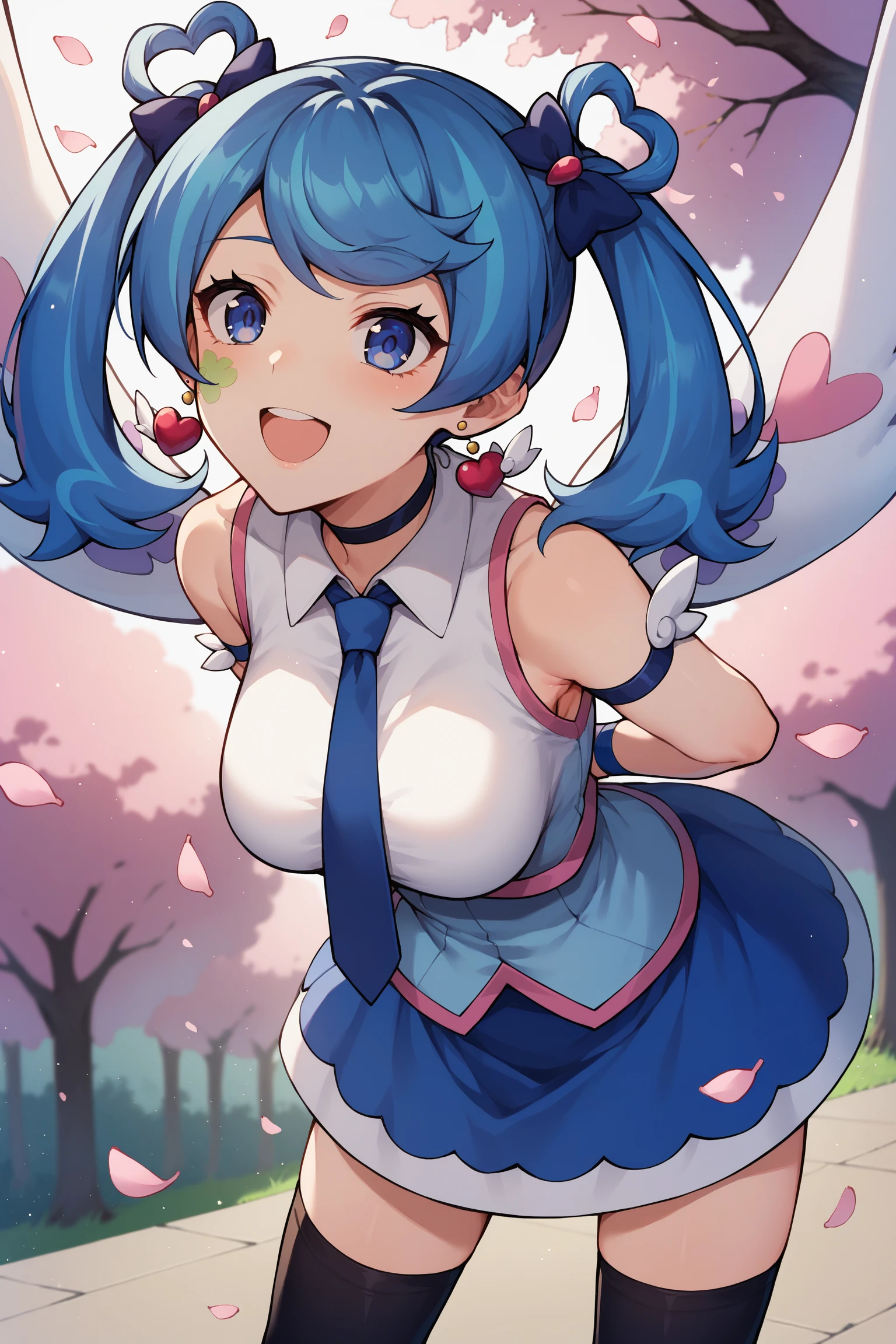 score_9,score_8_up,score_7_up,score_6_up,score_5_up,score_4_up, source_anime, aaangel, twintails, blue hair, hair bow, blue bow, blue eyes, facial mark, heart earrings, wings, heart, choker, blue necktie, sleeveless shirt, white shirt, arm strap, blue skirt, black thighhighs, <lora:blue_angel_XL_v1:0.8>, arms behind back, smile, open mouth, standing, cowboy shot, bent over, leaning forward, outdoors, cherry blossoms,