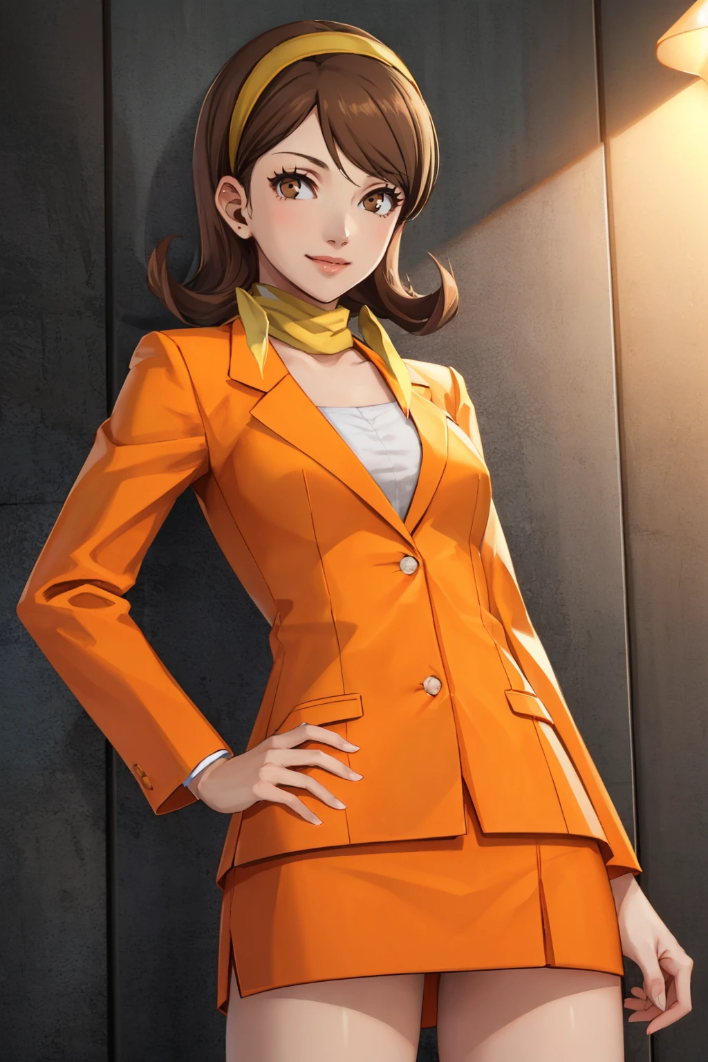 masterpiece, best quality, <lora:zs_Terauchi:1> terauchip3, brown hair, medium hair, brown eyes, blazer, orange skirt, scarf, hairband, smile