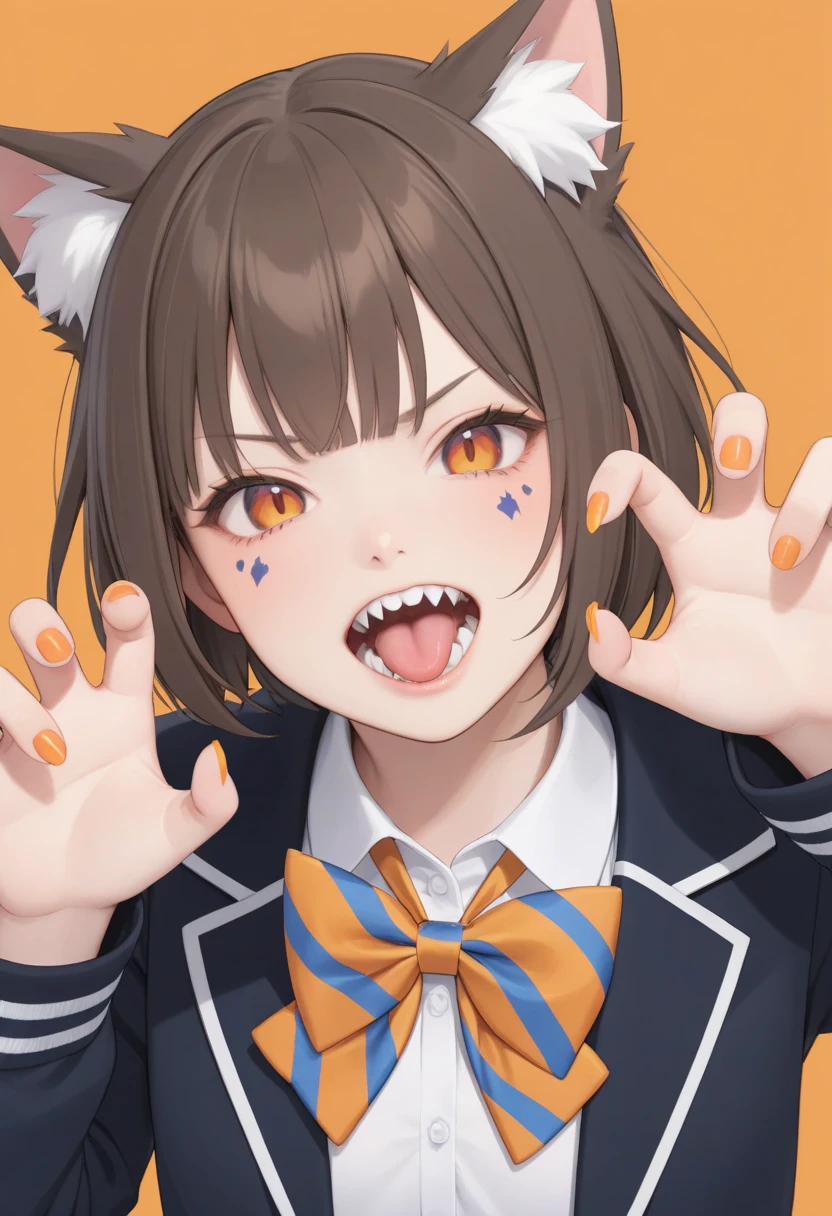 masterpiece, best quality,
1girl, solo, animal ears, bow, teeth, jacket, tail, open mouth, brown hair, orange background, bowtie, orange nails, simple background, cat ears, orange eyes, blue bow, animal ear fluff, cat tail, looking at viewer, upper body, shirt, school uniform, hood, striped bow, striped, white shirt, black jacket, blue bowtie, fingernails, long sleeves, cat girl, bangs, fangs, collared shirt, striped bowtie, short hair, tongue, hoodie, sharp teeth, facial mark, claw pose