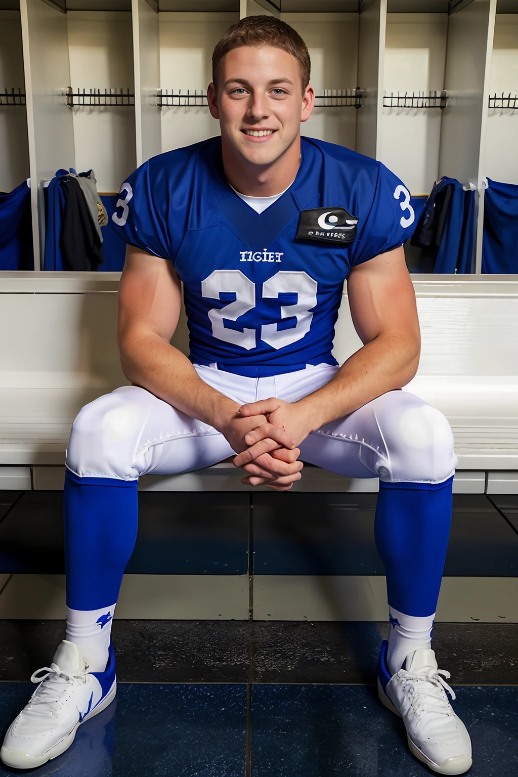 in an American football locker room, (sitting on a bench), legs spread open, LoganRobbins, American football player wearing American football uniform, American football shoulder pads, ((deep purple jersey)), jersey number 9, (silver football pants and pads), deep purple socks, silver sneakers, smiling, masterpiece, (((full body portrait))), full body shot, wide angle <lora:LoganRobbins:0.75>