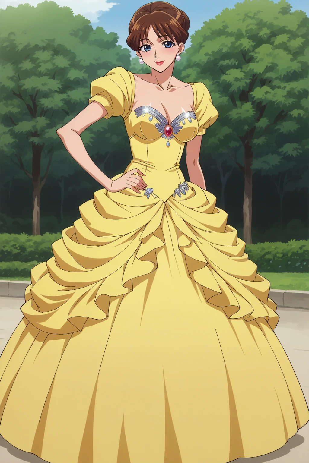 score_9, score_8_up, score_7_up, score_6_up, score_5_up, score_4_up, BREAK source_anime,1girl,solo, anime screencap,large breasts,smile,lips,lipstick,collarbone,puffy lips,looking at viewer,blush,
ballgown, a woman in a yellow dress posing for a picture , wearing a ballgown,
<lora:edgBallgownPonyv1:1>
