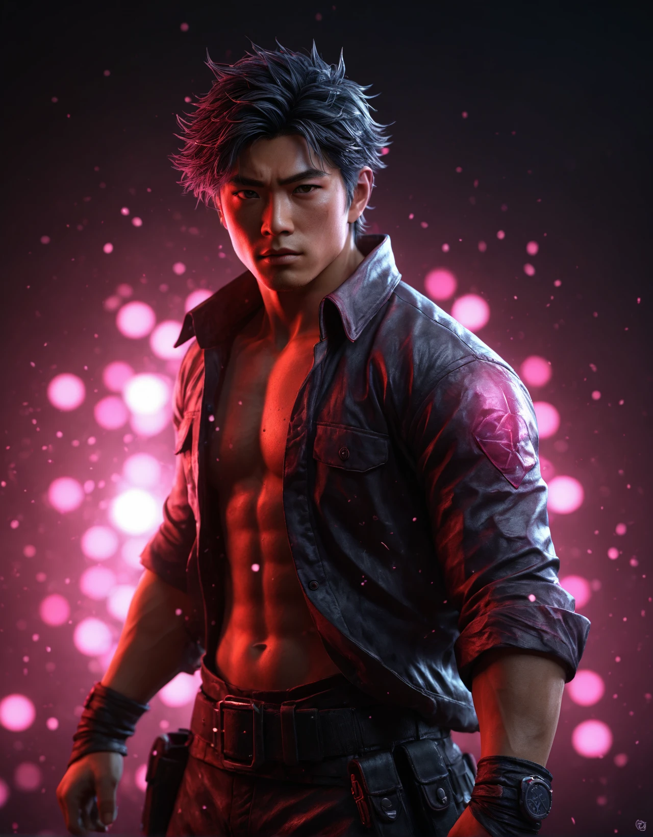 dark and gritty, japanese manga (hero:1.55) borax crystal, dynamic pose, raspberry lights, realistic, glow, detailed textures, high quality, high resolution, high precision, realism, color correction, proper lighting settings, harmonious composition, behance work, very dramatic lighting, sharp focus, low angle, trending on artstation, sharp focus, studio photo, intricate details, highly detailed