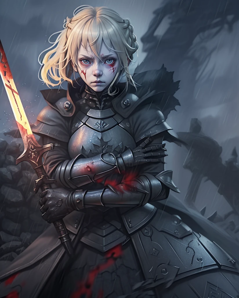 1girl, ahoge, armor, armored dress, artoria pendragon \(fate\), blonde hair, blood, blood on clothes, blood on face, blood on weapon, braid, cuts, excalibur \(fate/stay night\), faulds, gauntlets, holding weapon, injury, looking at viewer, rain, realistic, saber, solo, sword, weapon 
, by paul zizka, <lora:LAS:0.7>, <lora:tangbohu-detailmaker_v2.5:0.7>, bad-hands-5