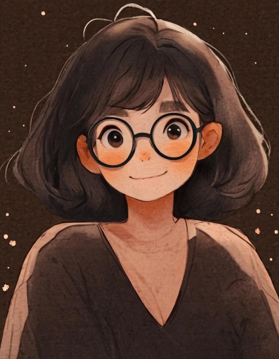 nelli_artstyle, <lora:Nelli_Art_Style:1>,
solo, 1girl, glasses, smile, portrait, black eyes, star (symbol), looking at viewer, black hair, blush, black-framed eyewear, brown hair, bangs