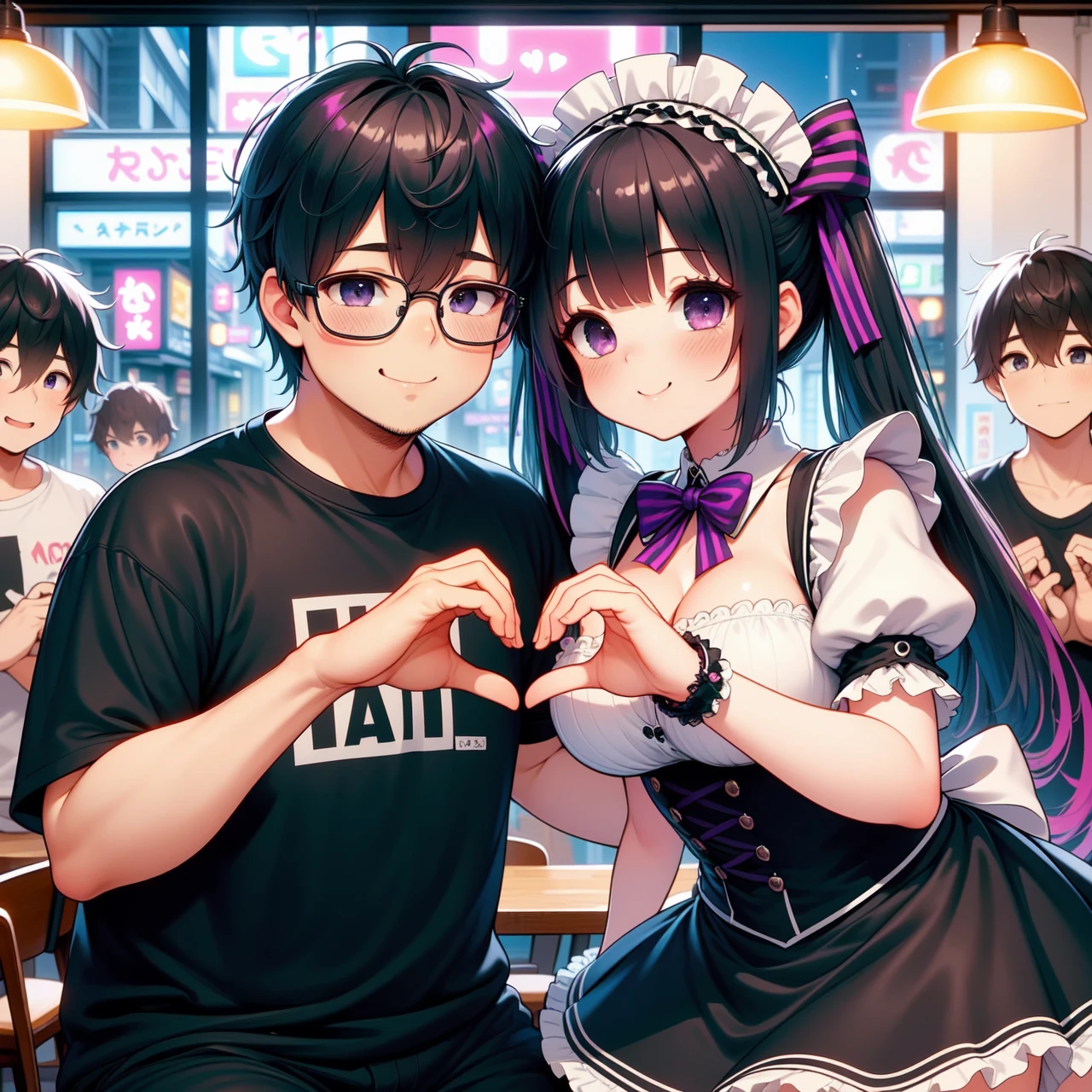 (((masterpiece))), (((best quality))), (((multiple boys))), (((heads together))), (((maid cafe))), ((heart hands duo)), ((a girl in gothic costume)), (stockings), (purple bowtie), (foods on table), (a fat boy in t-shirt and black-framed eyewear), plump, indoor, windows, reflection, second floors, colorful signs in akihabara, twintails, longhair, shy, blush, smile, cleavage, (big tits), slim figure, night,<lora:girllikehearthandsduo:1.05>