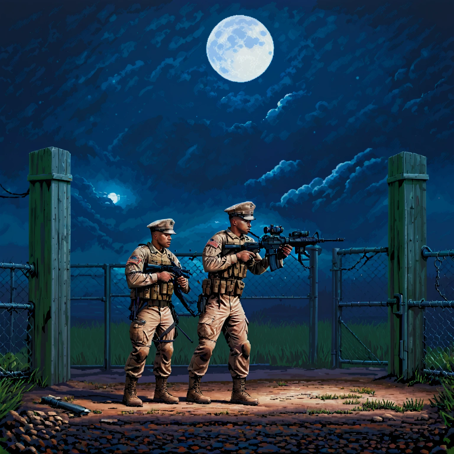 a US marine holding a rifle at a guard post and chainlink fence in mid-western america, night, moonlight, m4car,