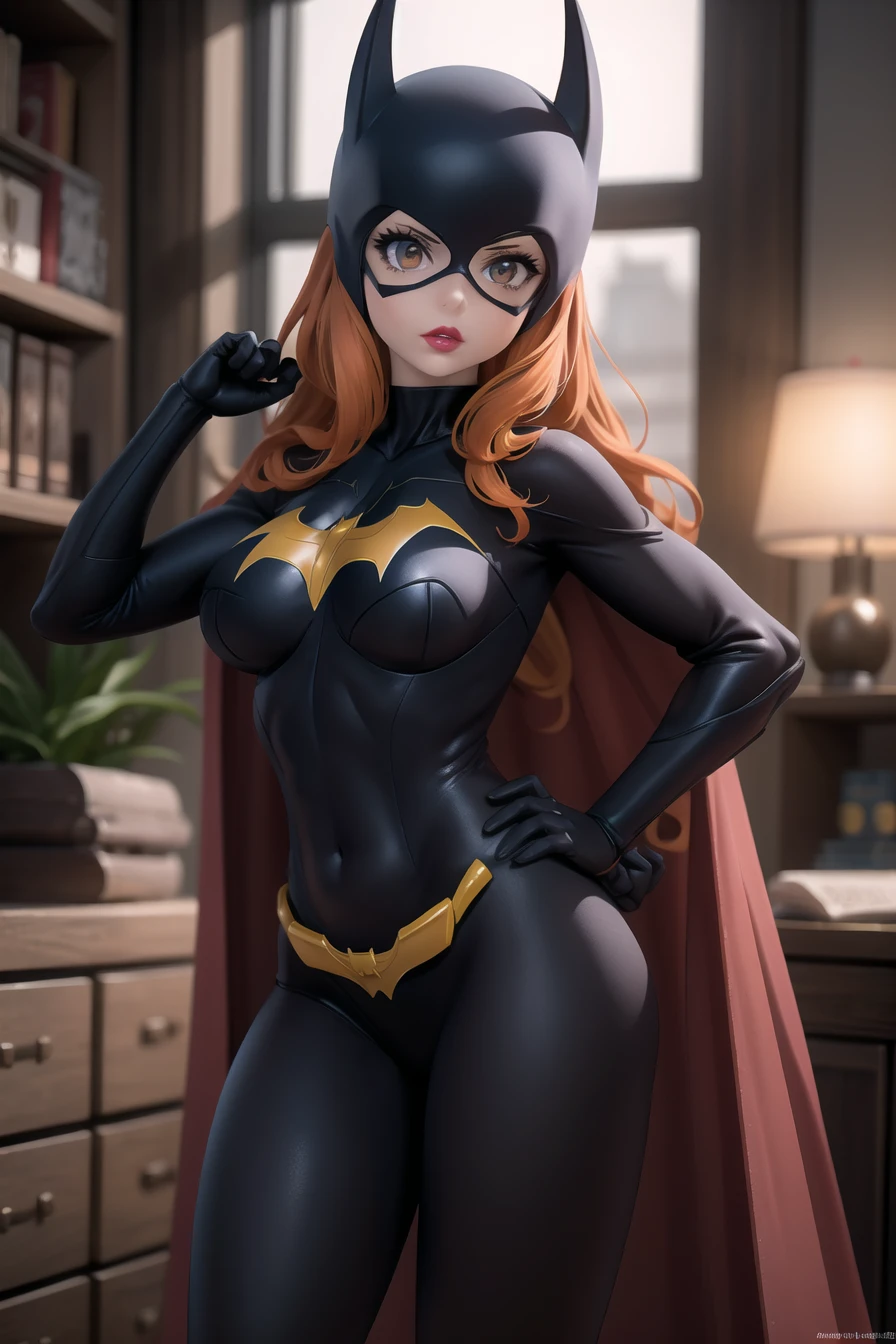 (masterpiece),best quality,<lora:Barbara-04:0.75>,batgirl,batgirl,suit,orange hair,cape,bodysuit,cape,lipstick,covered legs,