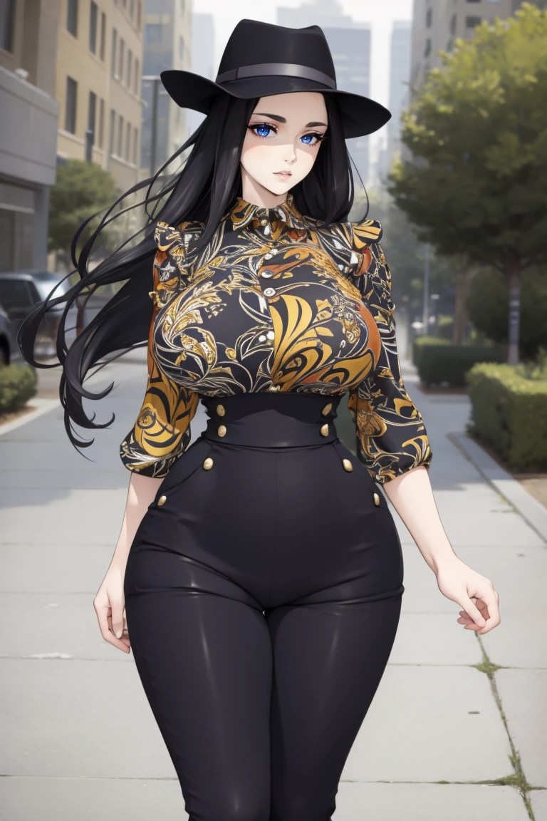 office, full body, woman, black hair and a perfect, voluptuous body, captured in full view. she wears dark eyeliner, HUD_Gth_Wrk, hat, pants, buttons, patterned shirt, <lora:HUD_Gth_Wrk:0.7>