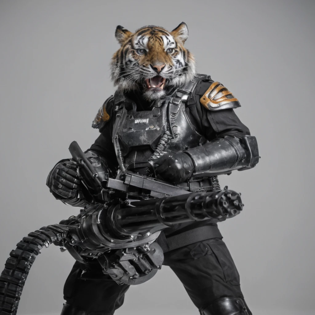 cinematic film still of <lora:Handheld M134 Minigun:0.8>
Handheld M134 Minigun a tiger in a big armor costume holding a Handheld M134 Minigun,Handheld M134 Minigun style,solo,gloves,white background,holding,standing,full body,weapon,boots,holding weapon,armor,gun,military,no humans,holding gun,knee pads,gatling gun
, shallow depth of field, vignette, highly detailed, high budget, bokeh, cinemascope, moody, epic, gorgeous, film grain, grainy