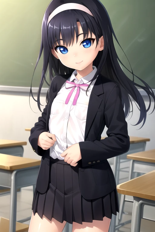((masterpiece)),(best quality),official art,extremely detailed CG,unity 8k wallpaper,ultra detailed,beautiful detailed eyes,extremely detailed face,classroom,1girl,solo,cowboy shot,looking at viewer,facing viewer,smile,(petite:1.3),Inagaki Sae,long hair,black hair,white hairband,sidelocks,bangs,blue eyes,school uniform,blazer,black jacket,pink ribbon,white shirt,collared shirt,sleeves past wrists,long sleeves,small breasts,black dress,pleated skirt,black socks,loafers,<lora:Inagaki Sae(sk)>,