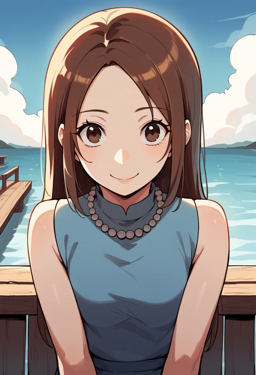 score_9, score_8_up, score_7_up, source_anime BREAK 1girl, solo, <lora:zs_MikaXL:1> mikap5, brown hair, long hair, brown eyes, dress, sleeveless, necklace, smile, looking at viewer, pier, water, blue sky
