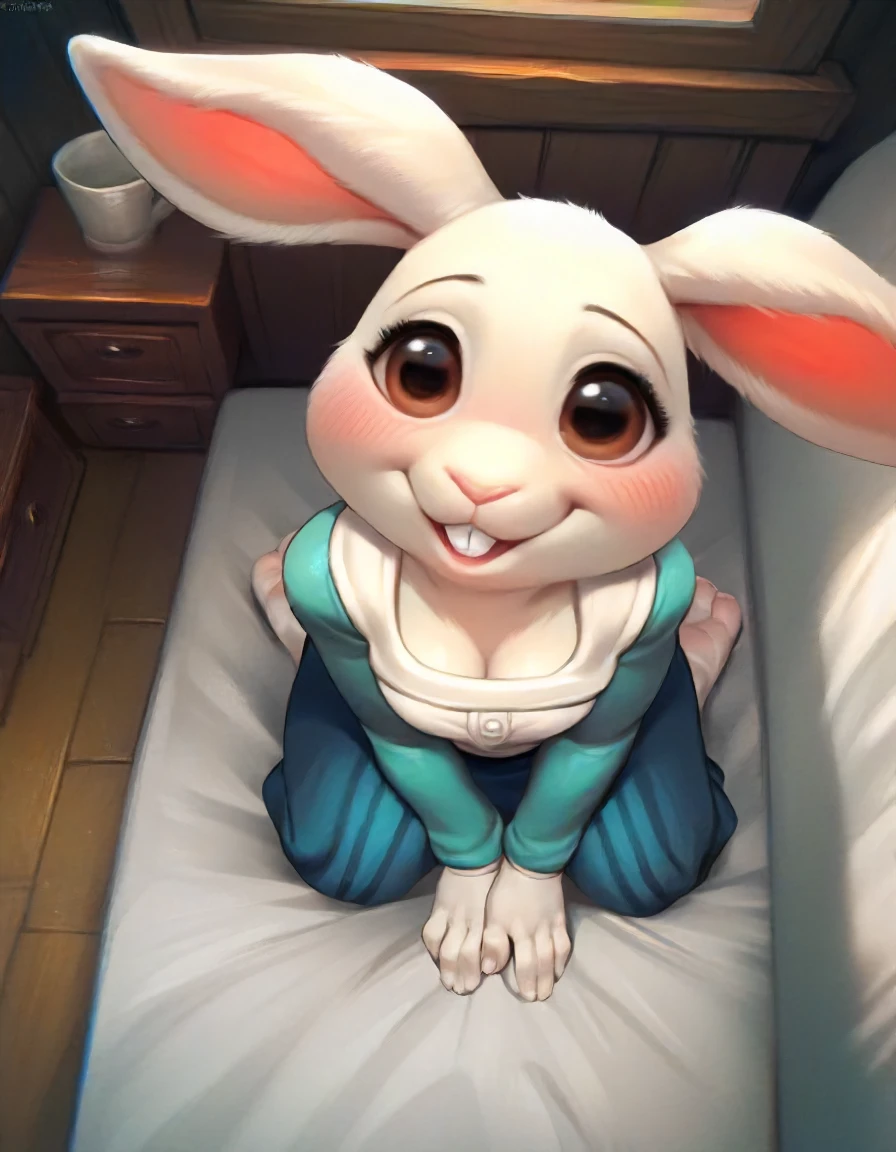 milesdf, score_9, score_9_up, score_8_up, score_7_up, score_6_up, score_5_up, source furry, anthro, art anthro, haru, beastars, detailed white fur body with white chest, scut tail, white dwarf rabbit feminine beautiful face, fully in view, kneeling, solo, fully clothed, sfw, buckteeth, smiling, blushing, birds eye view shot, indoors in bedroom with romantic lighting, animal feet,
<lora:MilesDF-v2:.7>