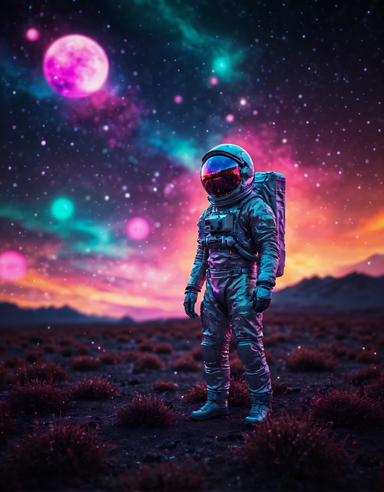 breathtaking shallow depth of field, bokeh, retro futuristic astronaut floating in a beautiful colorful starfield, ultra wide angle, full subject in frame, moody lighting, backlit, cinematic composition, highly detailed, synthwave aesthetic, unique, award-winning, professional matte painting, photo realistic, well-developed concept, consistent style