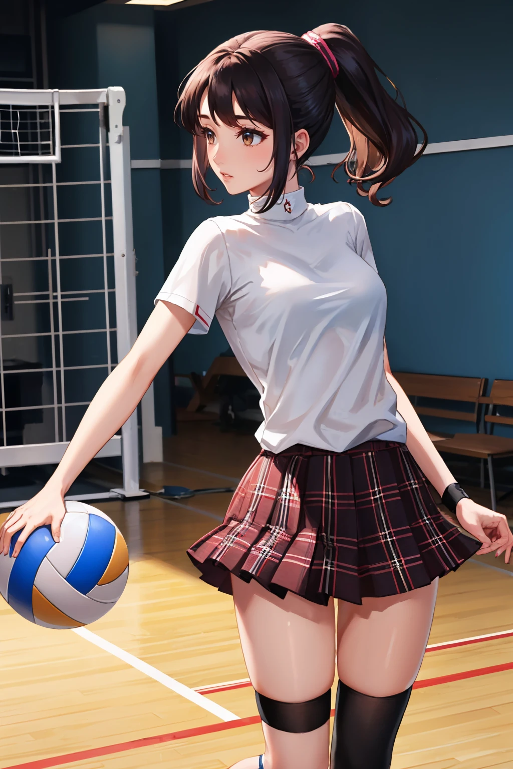 masterpiece, best quality, <lora:zs_Shiho:1> shihop5, black hair, ponytail, shirt, plaid skirt, bike shorts, asymmetrical legwear, sneakers, volleyball court,
