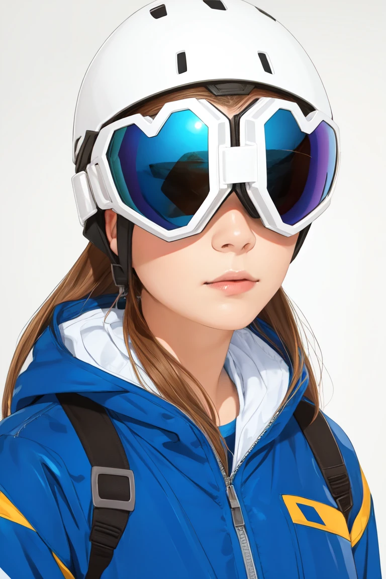 portrait, standing,, woman,  wearing  a blue ski suit and goggles, <lora:heart_goggles:0.75>,