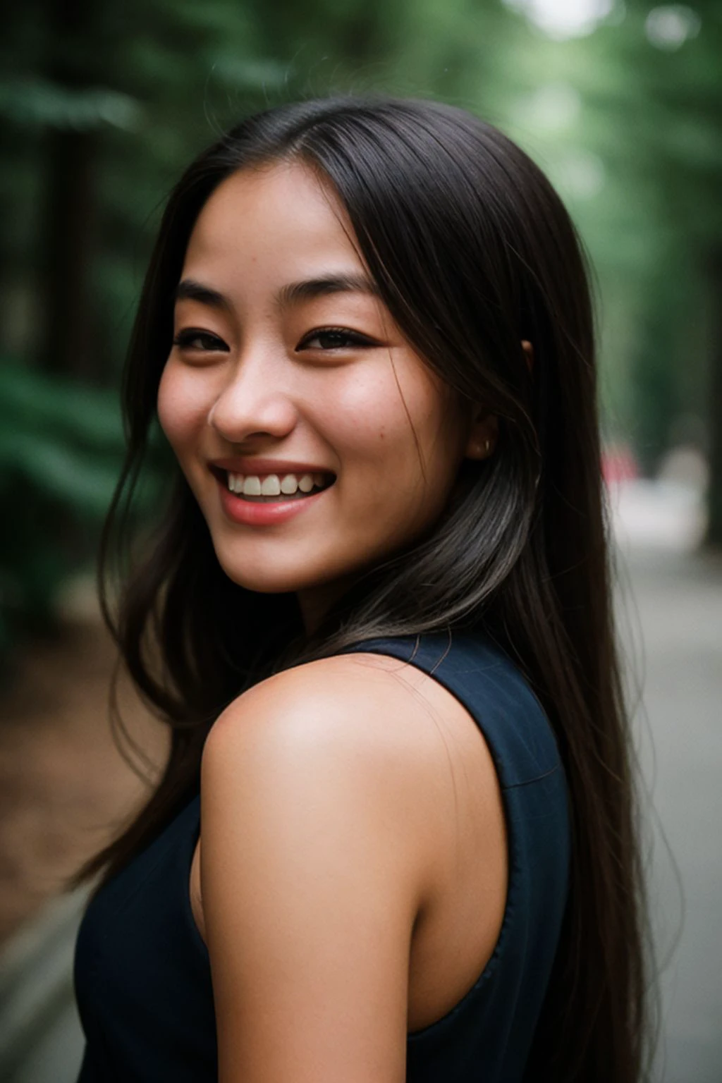 Cinematic still, portrait of annasawa1, laughing, long hair,  <lora:annasawa1:1.2>, realistic, Amateur Photographer, subsurface scattering, film grain, very detailed skin texture, high quality, 35mm photograph, film grain, bokeh, professional, 4k, highly detailed