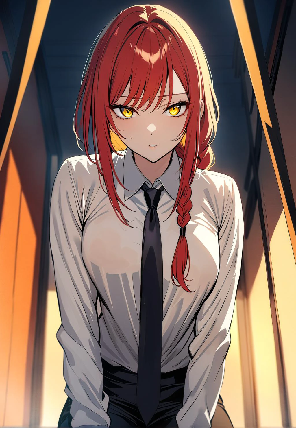 (lora:makimacm44:1), 1girl, solo, ringed yellow eyes, red long hair, bangs, braid, sidelocks, white shirt, black pants, black necktie, braided ponytail, studio anime, eerie, vibrant colors, (masterpiece:1.6), (high quality:1.6)