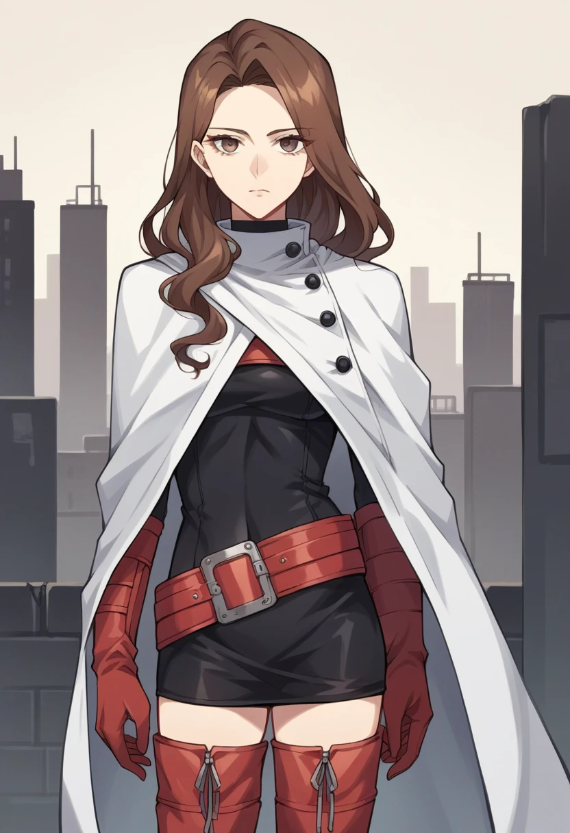score_9, score_8_up, score_7_up, source_anime BREAK 1girl, solo, <lora:zs_YukaXL:1> yukasmt, brown hair, long hair, bodysuit, white cape, belt, red thigh boots, gloves, post-apocalyptic, city, looking at viewer, expressionless,