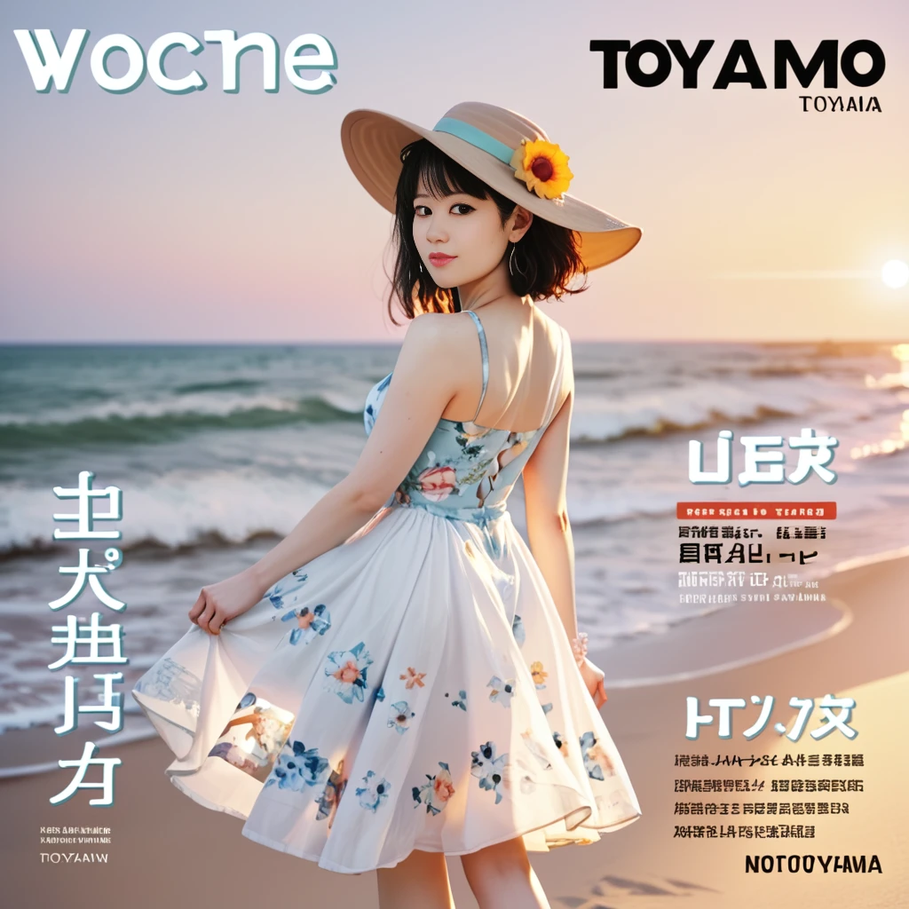 score_9, score_8_up,  score_7_up,  <lora:NaoToyama:0.8> naotoyama with messy hair looking back on the beach, dress sun hat, sunset, magazine cover,