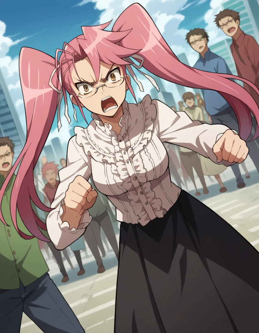 score_9, score_8_up, score_7_up, source_anime,
sayatakagi, <lora:saya-takagi-ponyxl-lora-nochekaiser:1>,
saya takagi, long hair, ribbon, twintails, brown eyes, hair ribbon, pink hair, glasses, angry, shouting,
shirt, dress, frills, long sleeves, skirt, black skirt, long skirt, centered frills,
outdoors, cityscape, zombies, crowd, people,
looking at viewer, cowboy shot, dutch angle,