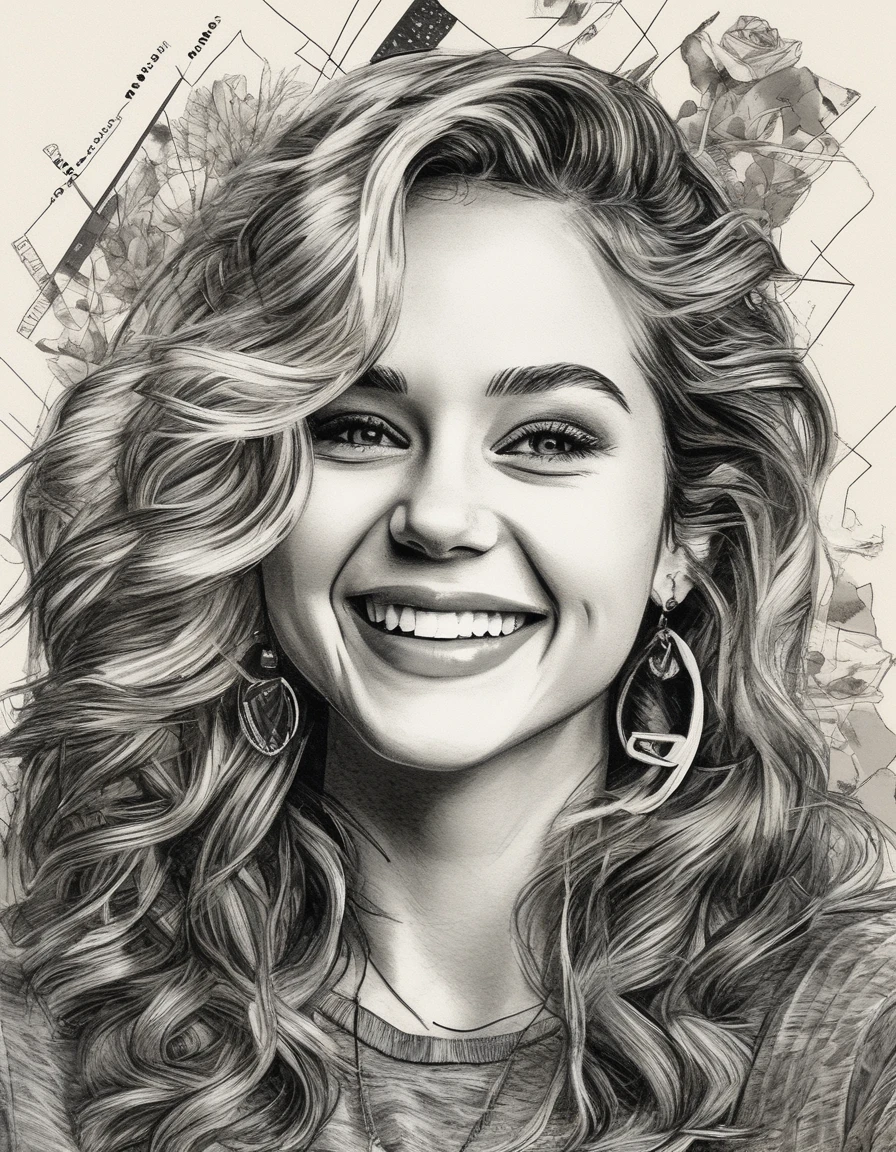 Pencil Sketch Drawing, <lora:Brec Bassinger:1.0>  ((collage style illustration)) of brcbssngrstg woman ,smiling, ((mixed media, layered, textural, detailed, artistic)), black and white drawing, graphite drawing