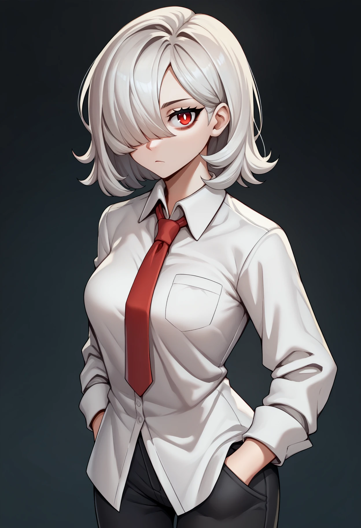 score_9, score_8_up, score_7_up, score_6_up, source_anime, BREAK cowboy shot, gradient background, black background, 1girl, white hair, medium hair, hair over one eye, red eyes, white pupils, (bags under eyes:0.8), collared shirt, white shirt, long sleeves, medium breasts, red necktie, black pants, half gloves, expressionless, looking at viewer, hands in pockets, <lora:Niur_PDXL-10:1>