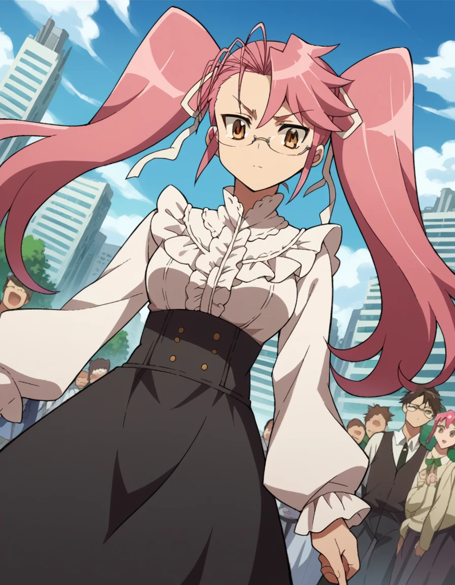 score_9, score_8_up, score_7_up, source_anime,
sayatakagi, <lora:saya-takagi-ponyxl-lora-nochekaiser:1>,
saya takagi, long hair, ribbon, twintails, brown eyes, hair ribbon, pink hair, glasses,
shirt, dress, frills, long sleeves, skirt, black skirt, long skirt, centered frills,
outdoors, cityscape, zombies, crowd, people,
looking at viewer, cowboy shot, dutch angle,