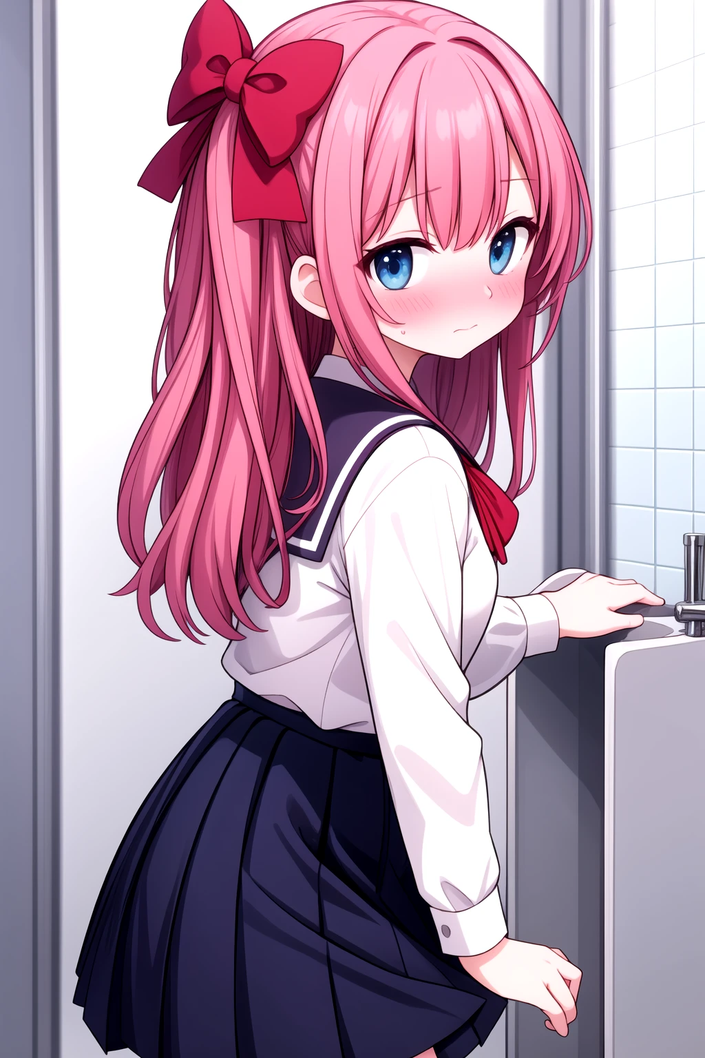 agu, solo, urinal, 1girl, <lora:animeGirlUrinalV3-000007:0.75> bathroom, blush, embarrassed, school_uniform, skirt, shirt, bow, from_behind, looking_at_viewer,, beautiful, (masterpiece:1.2), (best quality:1.2)