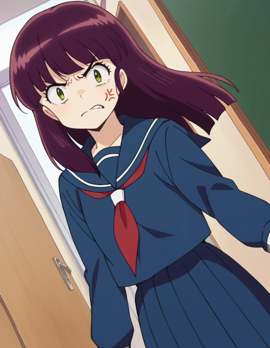 score_9, score_8_up, score_7_up, source_anime,
shinobumiyake, <lora:shinobu-miyake-ponyxl-lora-nochekaiser:1>,
shinobu miyake, long hair, bangs, purple hair, green eyes, angry, anger vein,
shirt, long sleeves, school uniform, serafuku, sailor collar, neckerchief, red neckerchief, shirt, blue shirt, blue sailor collar, blue skirt,
indoors, classroom, hallway,
looking at viewer, cowboy shot, dutch angle,
