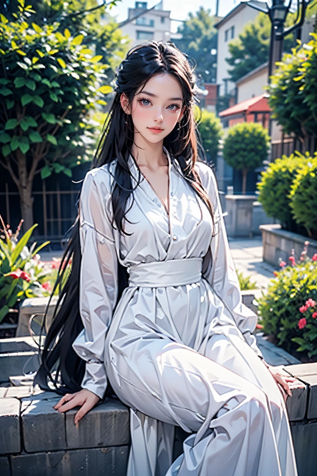 <lora:xiaolongnv-5:0.7>,(face lighting:0.8),bright backlight,super high resolution,best quality,Photos,4k,(Realistic:1.2),xiaolongnv,1girl,solo,white dress,long hair,looking at viewer,realistic,black hair,long sleeves,day,sit down,thigh,