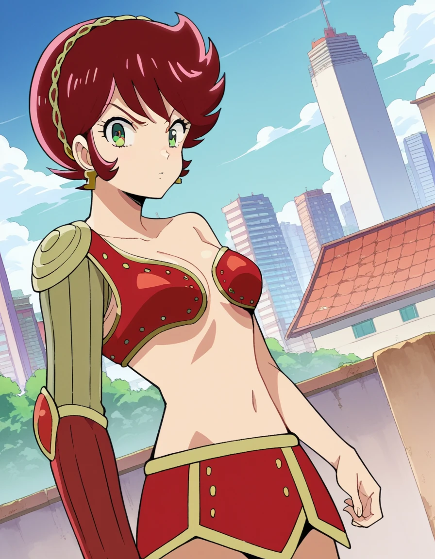 score_9, score_8_up, score_7_up, source_anime,
uruseiyatsurabenten, <lora:urusei-benten-ponyxl-lora-nochekaiser:1>,
benten, short hair, green eyes, red hair, hairband,
armor, bikini armor,
outdoors, cityscape,
looking at viewer, cowboy shot, dutch angle,