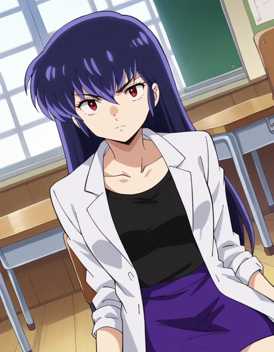 score_9, score_8_up, score_7_up, source_anime,
uruseiyatsurasakura, <lora:urusei-sakura-ponyxl-lora-nochekaiser:1>,
sakura, long hair, purple hair, red eyes,
labcoat, white labcoat, collarbone, shirt, black shirt, skirt, pencil skirt, purple skirt,
indoors, infirmary, sitting, chair, desk,
looking at viewer, cowboy shot, dutch angle,