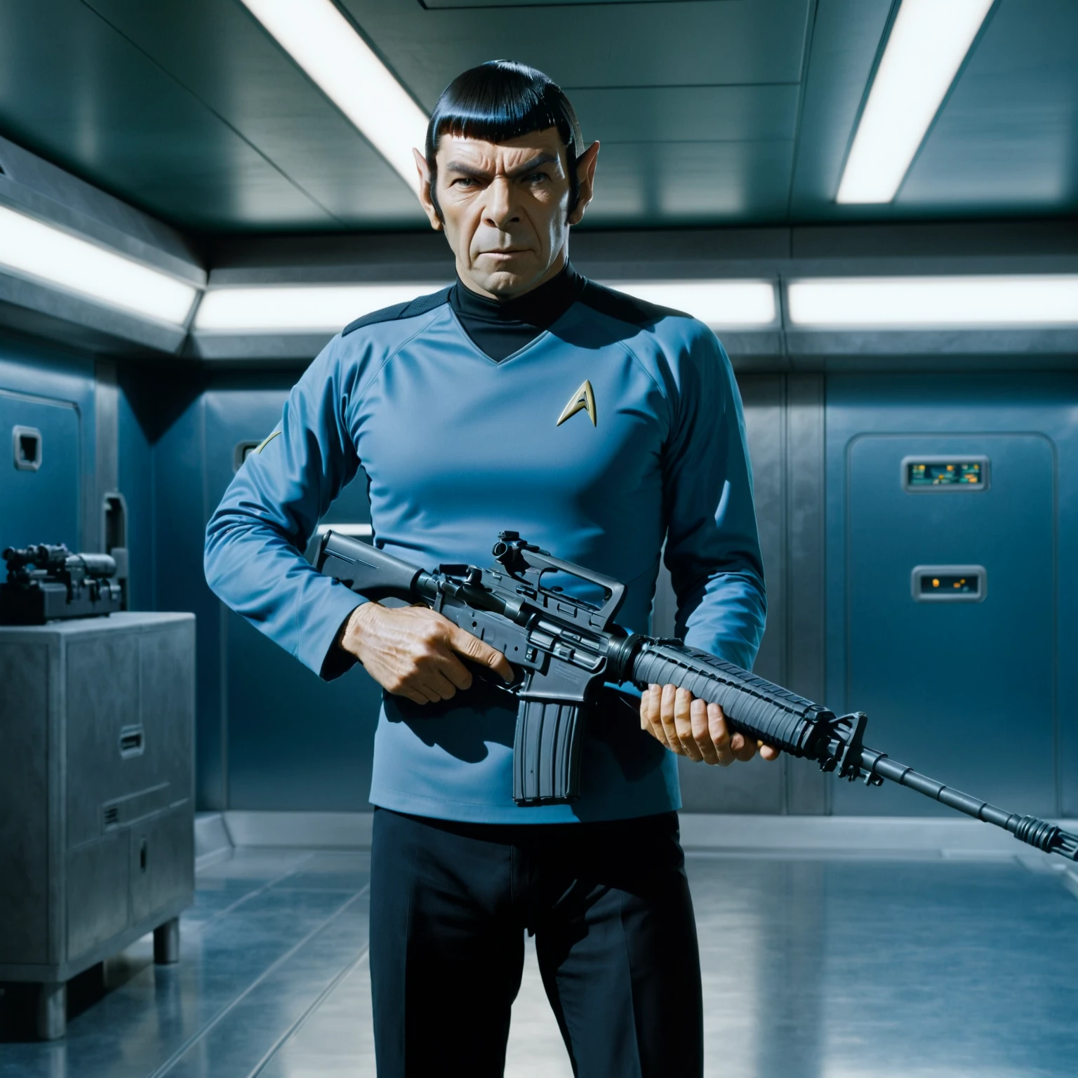 Mr Spock holding a rifle in the transporter room, m4car, star trek,