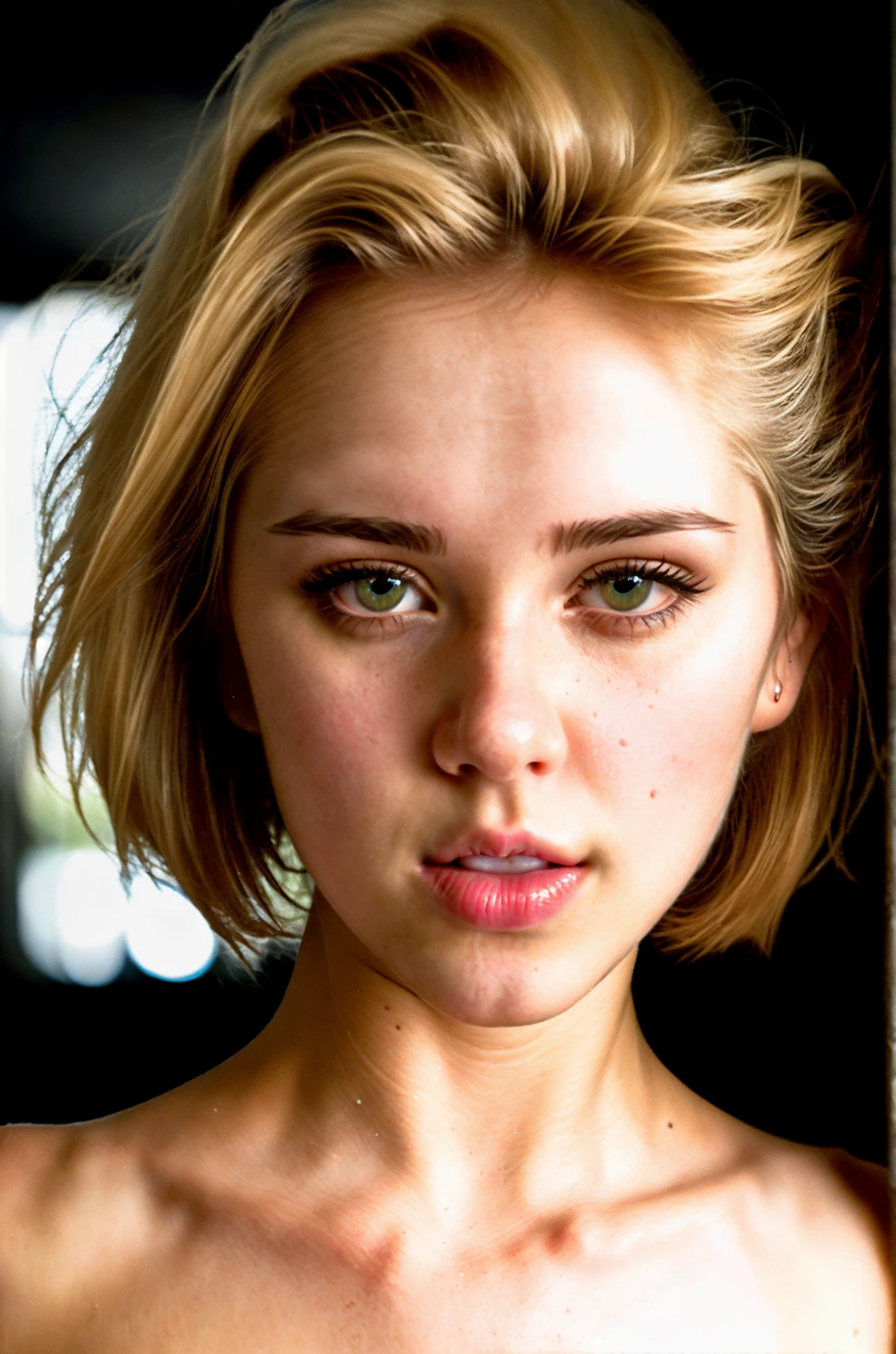 Jennifer Lawrence ((mejor calidad)), ((Ultra Resolution)), ((fotorrealista)), (detalles intrincados), 19 year old, cabello rubio, cara perfecta, maquillaje: 1.5, luz en la cara, detalle de la cara, DESNUDA, --auto