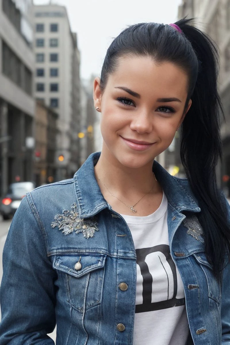 headshot of S354_TannerMayes,a gorgeous woman,in a (city:1.1),wearing a (denim-jacket:1.1),(ponytail),(4k, RAW photo, best quality, depth of field, ultra high res:1.1),(absurdres, intricate, photorealistic, masterpiece, ultra-detailed:1.1),